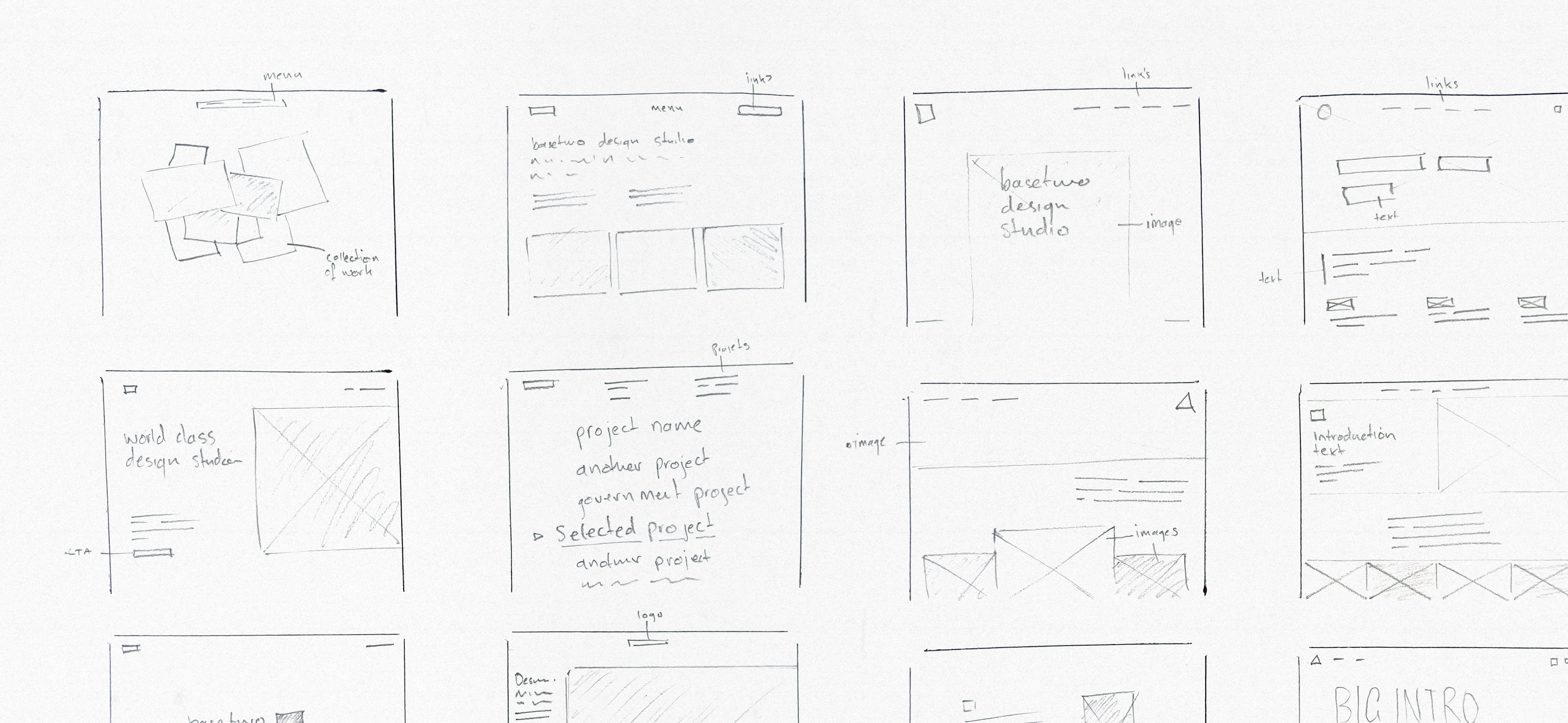 Exploring website possibilities with sketches and wireframes.